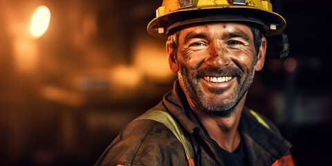 Fototapeta premium Latino miner working, smiling at camera