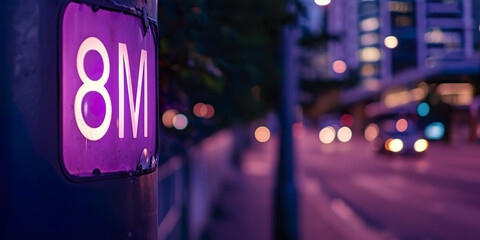  8M sign with city background, bokeh lights. March 8, purle 