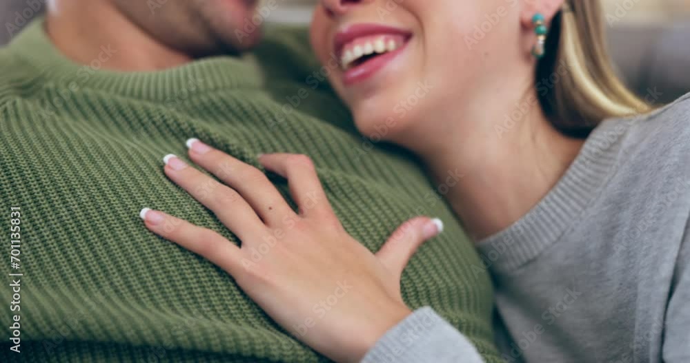 Poster Love, hand and chest with a couple talking closeup on a sofa in the living room of their home together. Smile, conversation or romance and a woman in the house with her happy boyfriend for bonding