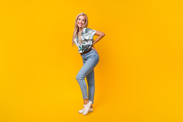 Fototapeta na wymiar Full length photo of gorgeous stunning woman wear stylish blouse denim pants hand on waist smile isolated on yellow color background