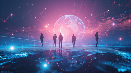 3D tech illustration of a data analytics tool with a globe illustration of the world and silhouettes of businesspeople