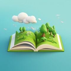 book nature, open book, there are trees and clouds above it, isolated background