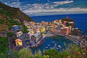 Cinque Terre views from hiking trails of seaside villages on the Italian Riviera coastline. Liguria, Italy, Europe. 2023 Summer.  - obrazy, fototapety, plakaty
