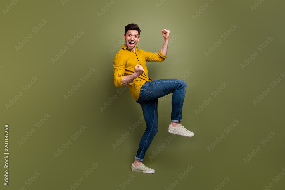 Sticker full length photo of cheerful overjoyed funky man wear stylish clothes celebrate achievement scream 