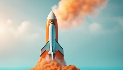 3D Rendered Rocket Launching into a Pastel Blue Sky - obrazy, fototapety, plakaty