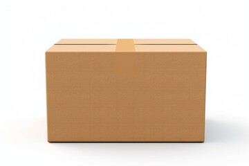 Empty cardboard box with blank label, on a solid white background, lid partially detached, - obrazy, fototapety, plakaty