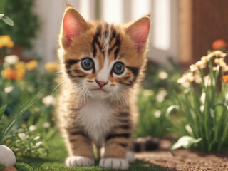 Cute kitten in home garden 3d- generated by ai
