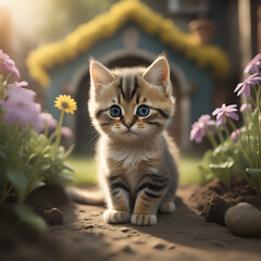 Cute kitten in home garden 3d- generated by ai