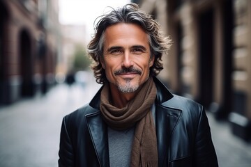 Portrait of a handsome middle-aged man in a leather jacket and a scarf - obrazy, fototapety, plakaty