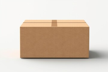 Empty cardboard box with blank label, on a solid white background, lid opened and folded back,