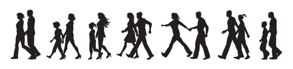 Vector collection of man and woman walking silhouettes.