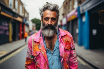Fototapeta premium Handsome bearded hipster man with long gray beard and mustache in colorful clothes posing in the city streets