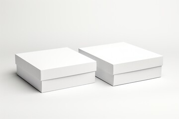 Side view of two white magnetic cardboard boxes, one lid up showcasing the interior, the other lid down, set against a pure white background, with space for labels