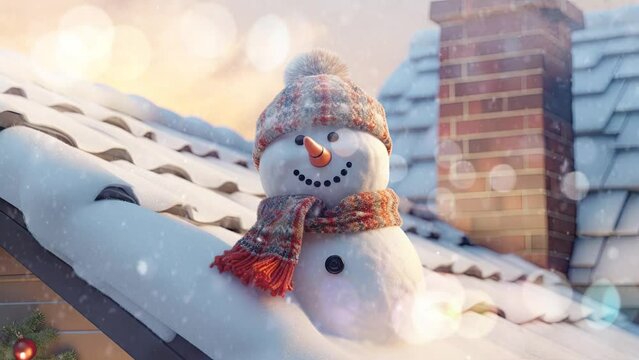 Animated Christmas concept decorations in rooftop farm house with a snowman surrounded by snowfall. Cartoon style. seamless looping time lapse video 4k animation background.