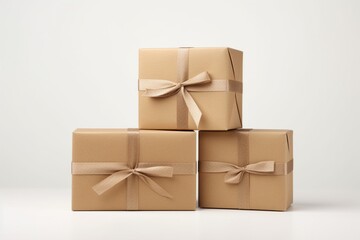 Single empty cardboard box with blank label, on a solid white background, box with a ribbon tied around it,