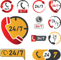 Servicehotline, 24 Stunden und 7 Tage, Rund um die Uhr, Support, technicher Service - Icon, Button Set