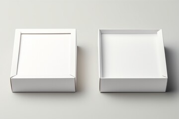 An opened and a closed white magnetic cardboard box, displayed side by side, each with a blank, clear label, set against a white ground