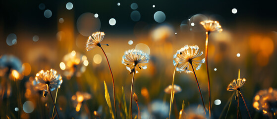 Illuminated dandelions stand out against a dark background with a bokeh effect, creating a tranquil and magical ambiance. - Powered by Adobe