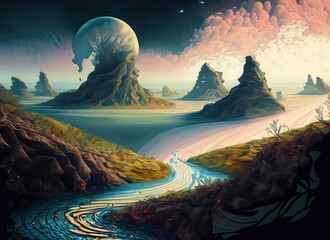 Fantasy alien planet. Mountain and river. 3D illustration. Generative AI.
