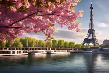 Obraz premium Landscape picture of Eiffel tower and cherry blossoms