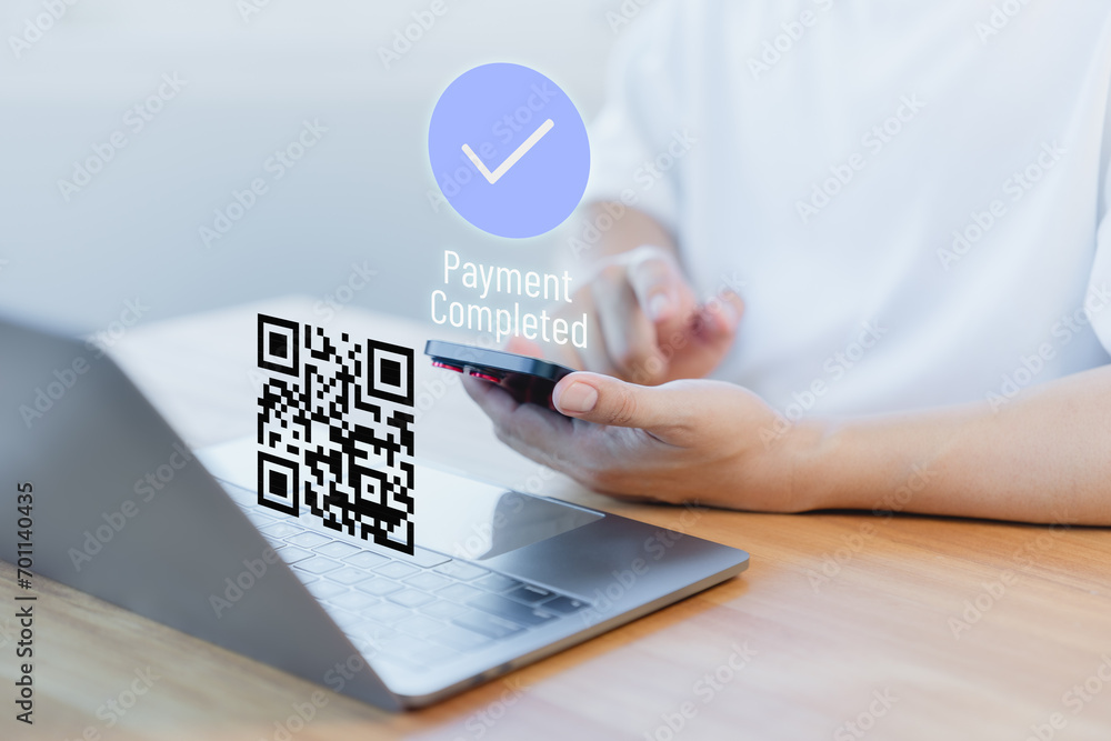 Poster man making payment through qr code by smartphone for shopping, pay electricity bill, pay phone bills