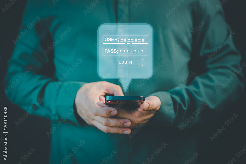 Poster Cyber ​​security and digital data protection technology concept. Man use a mobile phone type the username and password. User privacy security and protect personal data internet network.