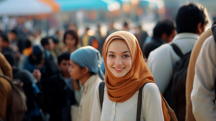 Beautiful muslim woman wearing hijab and looking at camera with crowd of people in background