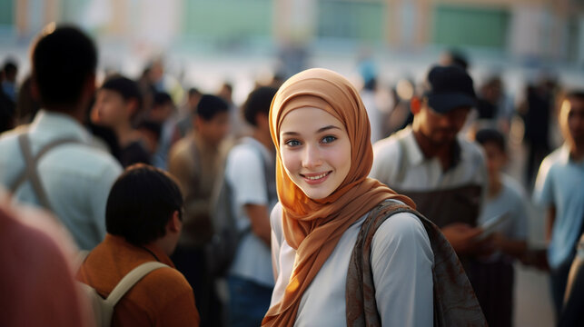 Beautiful Muslim Woman Wearing Hijab And Looking At Camera With Crowd Of People In Background