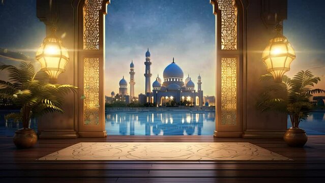 View balcony of the beautiful mosque and lantern ramadan islamic culture. seamless looping time-lapse virtual 4k video animation background.