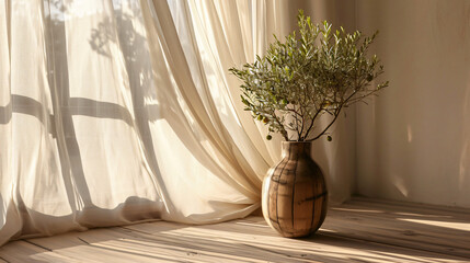 Weathercore Style Wooden Vase with Olive Tree Under Sheer Window Cover, Beige Tones