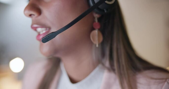 Mouth of woman, telemarketing and communication in call center at night for customer service, advisory help or CRM questions. Closeup face of agent working late for telecom support, FAQ or contact us