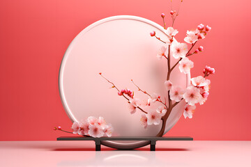 podium for product presentation with cherry blossom flowers and round frame. Mock up, blank space