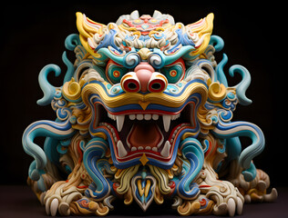 Naklejka premium 3D Chinese dragon lion statue on light background. Chinese new year concept. 3D rendering