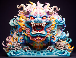 3D Chinese dragon lion statue on light background. Chinese new year concept. 3D rendering