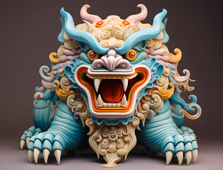 3D Chinese dragon lion statue on light background. Chinese new year concept. 3D rendering