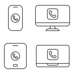 call ring phone icon on pc laptop smartphone tablet line icon set vector flat illustration