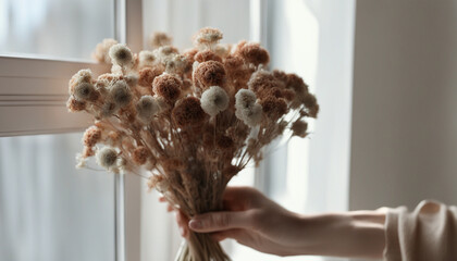 Bouquet of dried flowers in a woman's hand