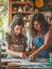 Fototapeta premium A Photo of a Mother and Teenage Daughter Doing a DIY Project Together