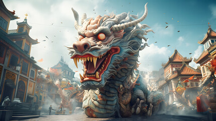 Obraz premium 3D chinese dragon on the street in the city while chinese new year festival. Chinese Dragon Background