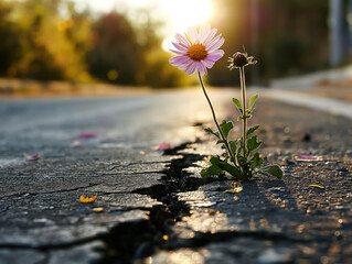Beautiful, resilient flower blossoming amidst asphalt's cracks