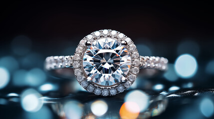 Fototapeta premium Diamond Wedding Engagement ring with diamonds circling the center diamond and the band