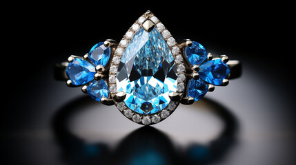 Blue Engagement Ring - Wedding Bells and Teardrop Center Stone with halo and six side gems in blue topaz and sapphire  - Powered by Adobe