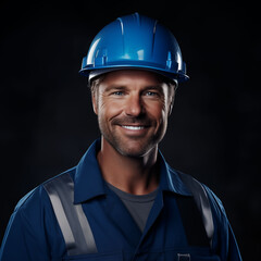 Fototapeta premium Portrait of a worker in a Blue Hard Hat helmet