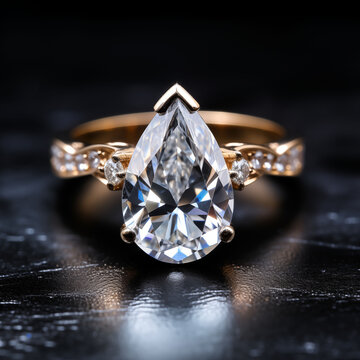 Gorgeous, Modern, Simple, yet Ornate Engagement Ring Made of Rose Gold, Center Diamond is a Tear Shape Pear cut solitary diamond on a patterned diamond gem-studded band. 