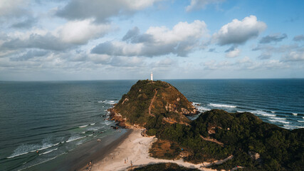 Ilha do Mel - Paraná. Aerial view of the Conchas lighthouse and beaches of Ilha do Mel