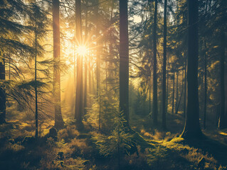 A captivating forest scene with a stunning sunset or sunrise. Sun rays beautifully illuminate the landscape, creating a serene atmosphere. The lens flare adds a touch of magic to mesmerizing view