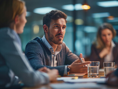 Engaged businessman leading a team meeting at evening office. A confident Caucasian businessman leads a diverse team in a corporate meeting. They discuss a project, brainstorm ideas.