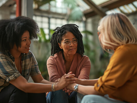 Asian and African women unite in a diverse and friendly group therapy session, offering support and empathy to overcome challenges. Smiling, they find solace and reconciliation as they hold hands