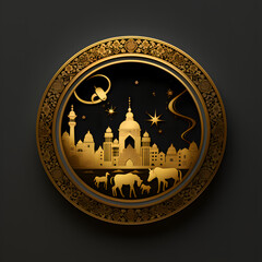 Ramadan eid mubarak background. Golden round frame with mosque and moon. greeting card 