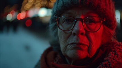 Image of a woman outdoors at night with glasses.
